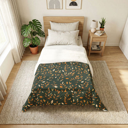 Bedroom with a bed featuring a green floral patterned duvet cover.