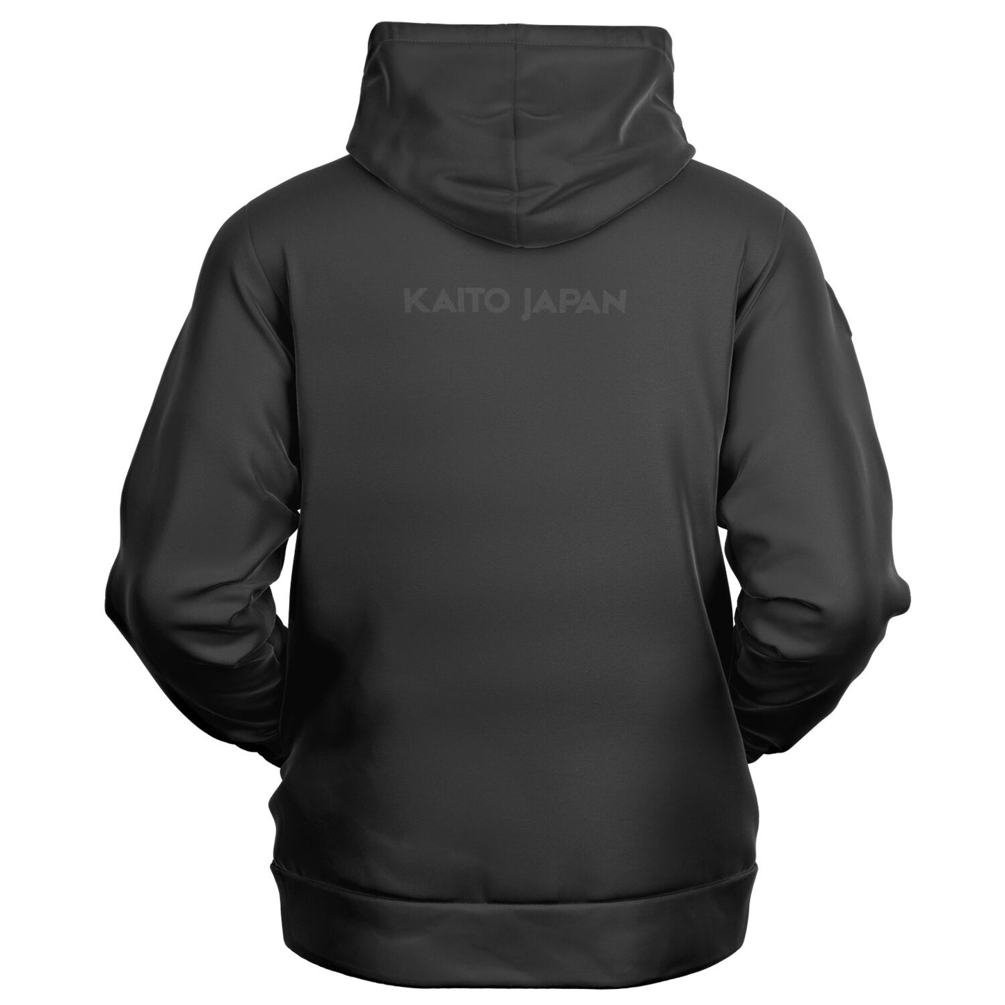 A black pullover hoodie shown from the back, featuring the text 'KAITO JAPAN' printed in a subtle dark gray font across the upper back, set against a plain white background.