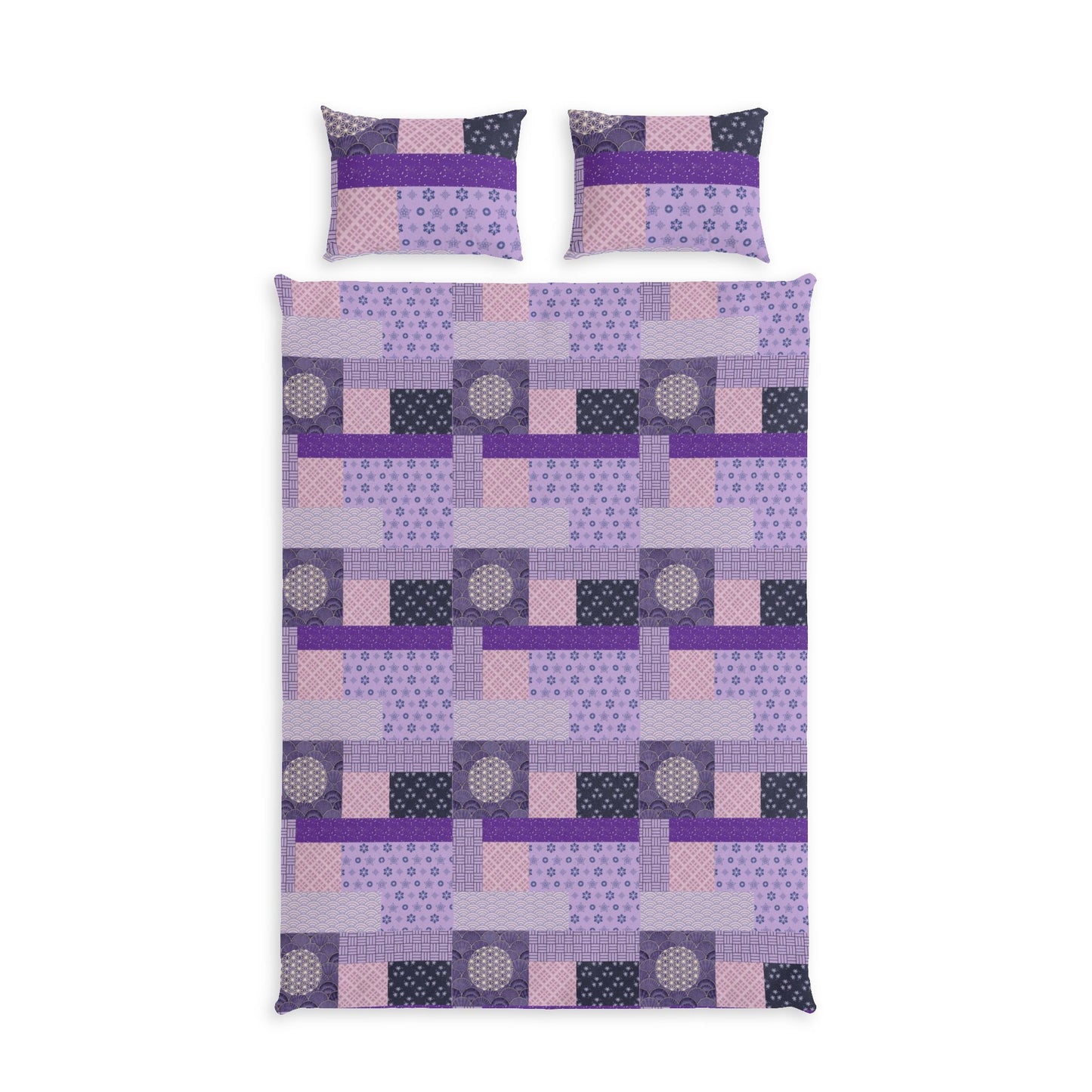 A bedding set featuring a duvet cover and two matching pillowcases with a geometric patchwork pattern in shades of purple, pink, and dark gray on a white background.