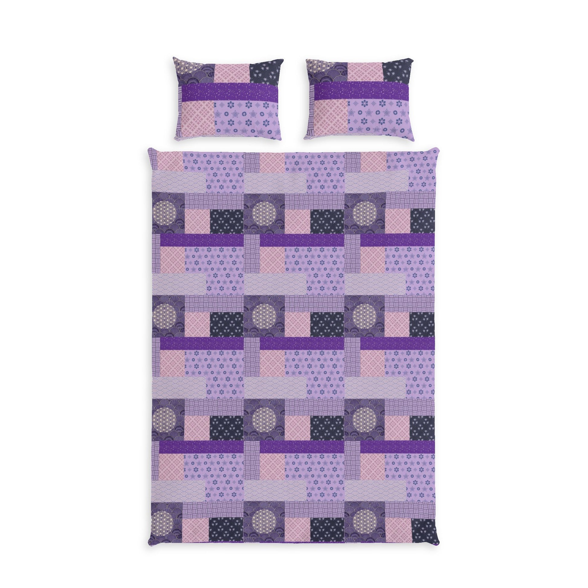 A bedding set featuring a duvet cover and two matching pillowcases with a geometric patchwork pattern in shades of purple, pink, and dark gray on a white background.