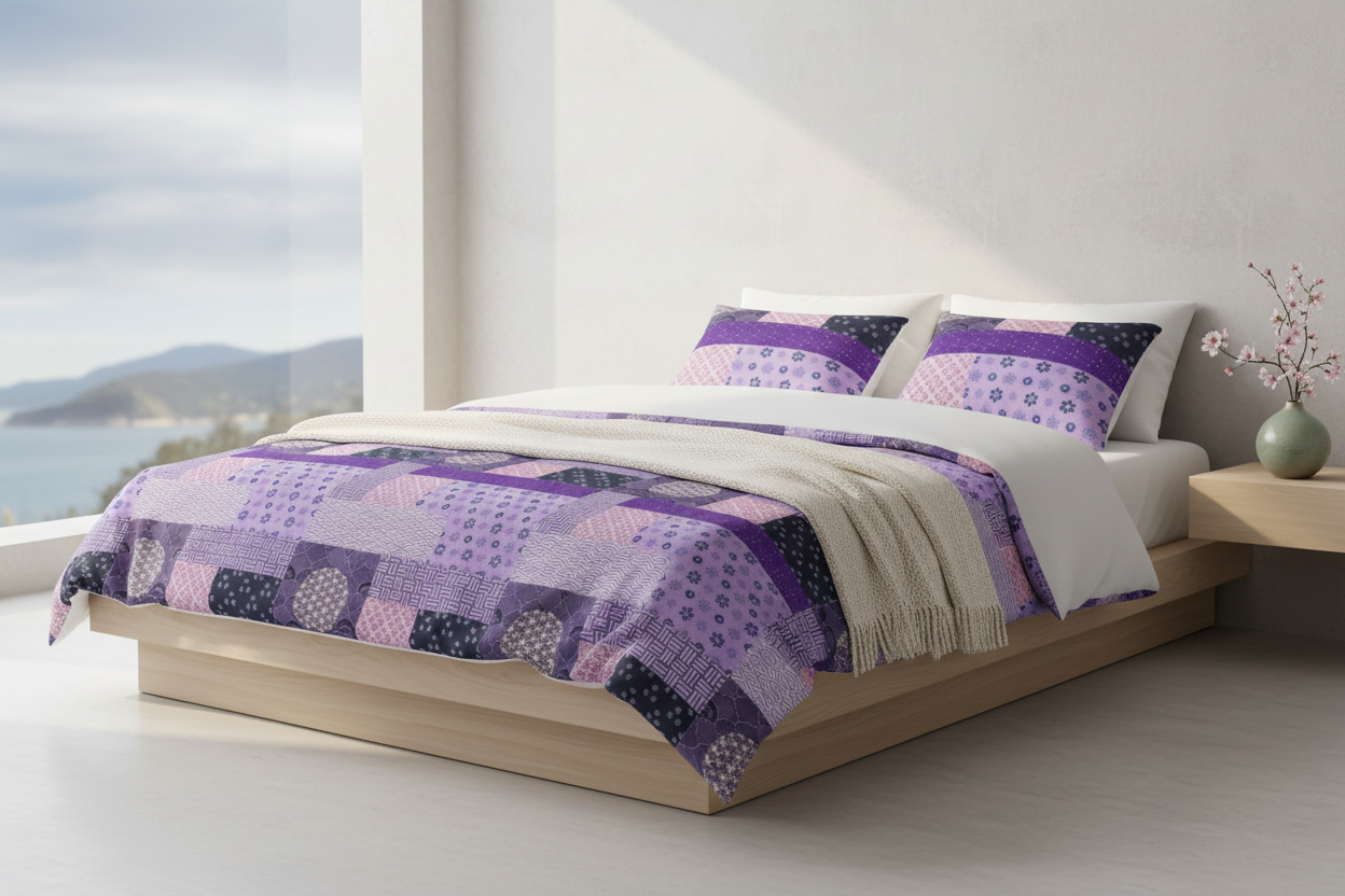 A bed dressed in a purple and lavender patchwork quilt and matching pillow shams, styled in a bright, modern bedroom with a wooden platform bed frame and a window overlooking water.