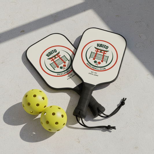 Two pickleball paddles with a Kaito Pickleball Club logo and two yellow balls on a light surface.