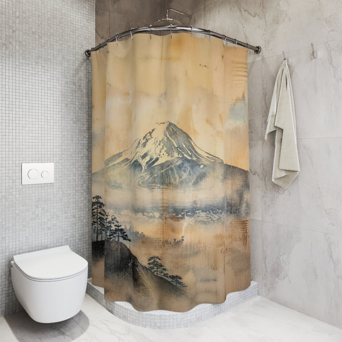 A shower curtain featuring a Japanese-style landscape print of a snow-capped mountain, hanging in a modern tiled bathroom next to a toilet and a towel.