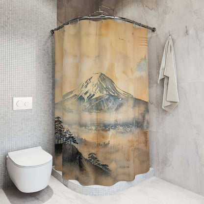 A shower curtain featuring a Japanese-style landscape print of a snow-capped mountain, hanging in a modern tiled bathroom next to a toilet and a towel.