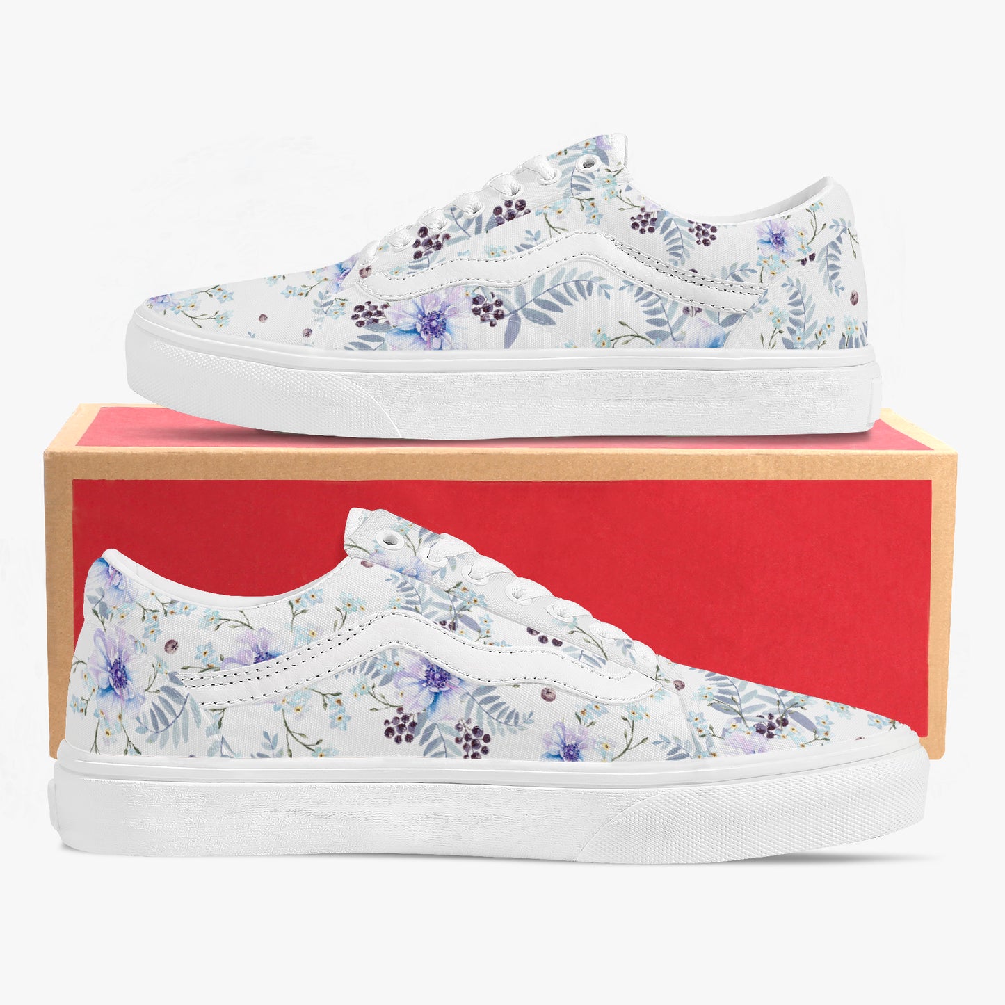 White sneakers with floral pattern on a red box