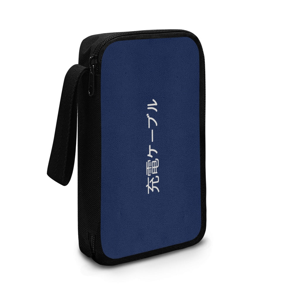 Blue carrying case with black strap and Japanese text on a white background