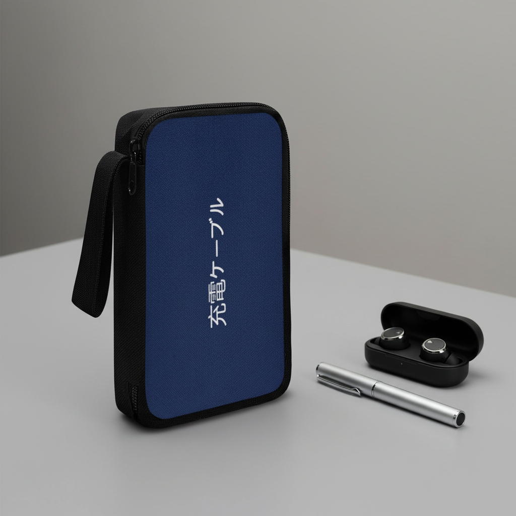 Blue carrying case with black interior, silver pen, and black earbud case on a light gray surface.