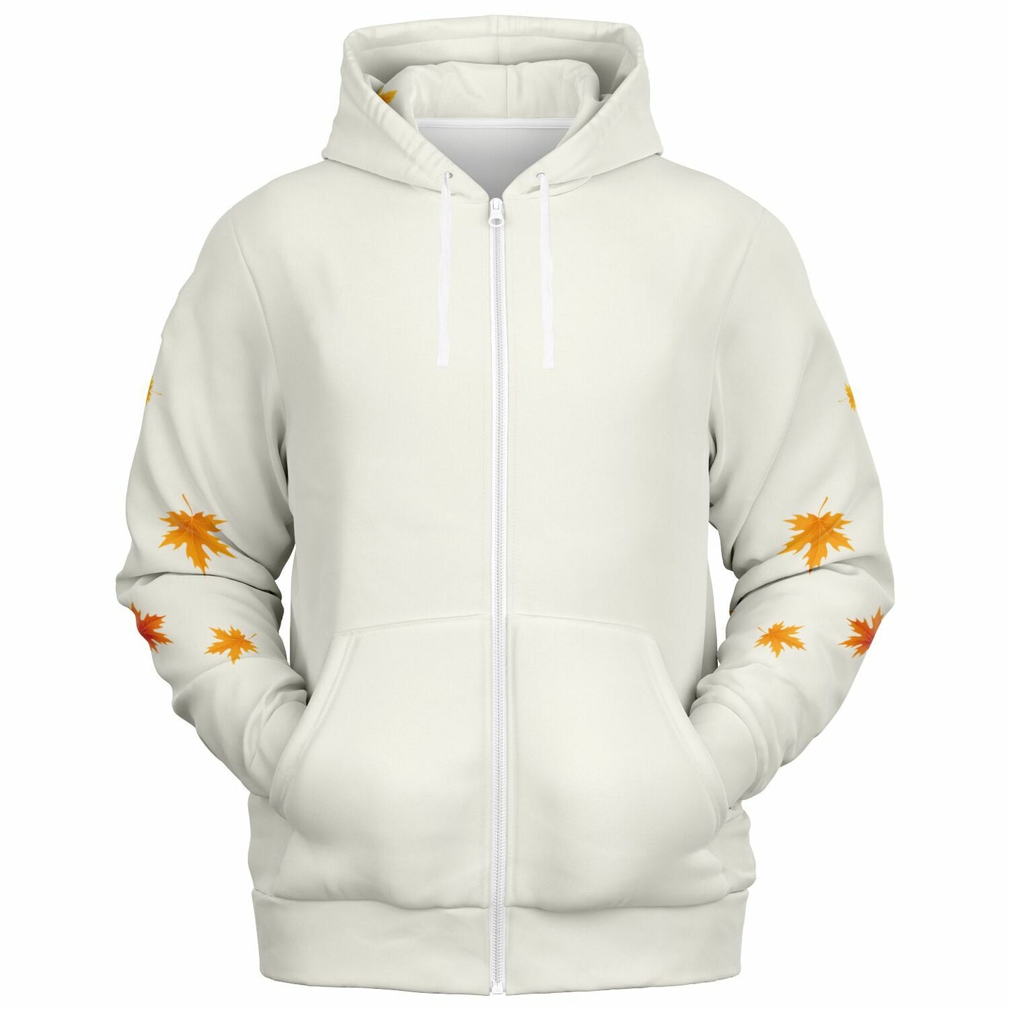 An off-white zip-up hoodie with a pattern of orange and yellow maple leaves on the sleeves, shown against a plain white background.