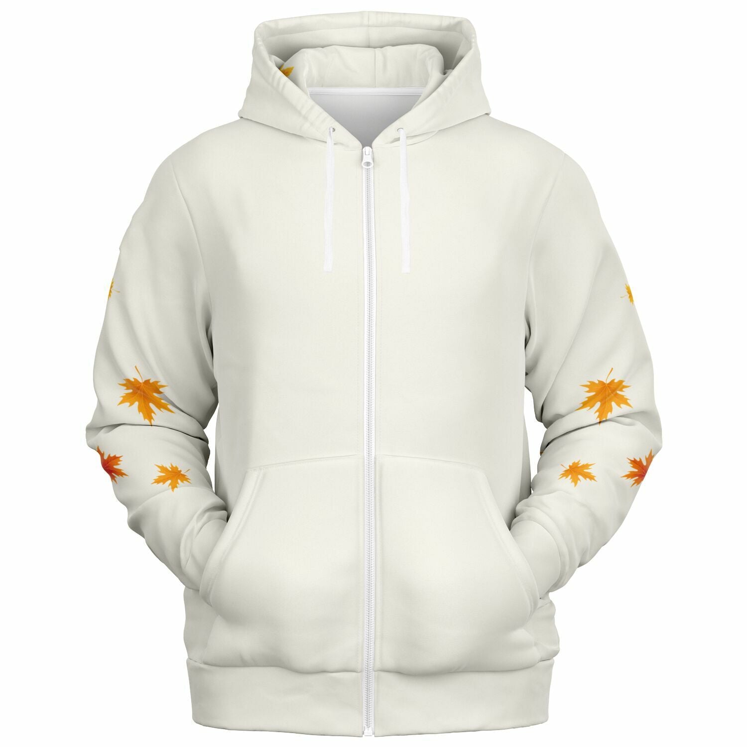 An off-white zip-up hoodie with a pattern of orange and yellow maple leaves on the sleeves, shown against a plain white background.