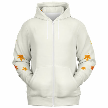 An off-white zip-up hoodie with a pattern of orange and yellow maple leaves on the sleeves, shown against a plain white background.