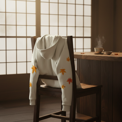 A white hoodie with orange and yellow autumn leaf prints is draped over a dark wooden chair in a warm, sunlit room with shoji-style windows and a wooden table in the background.