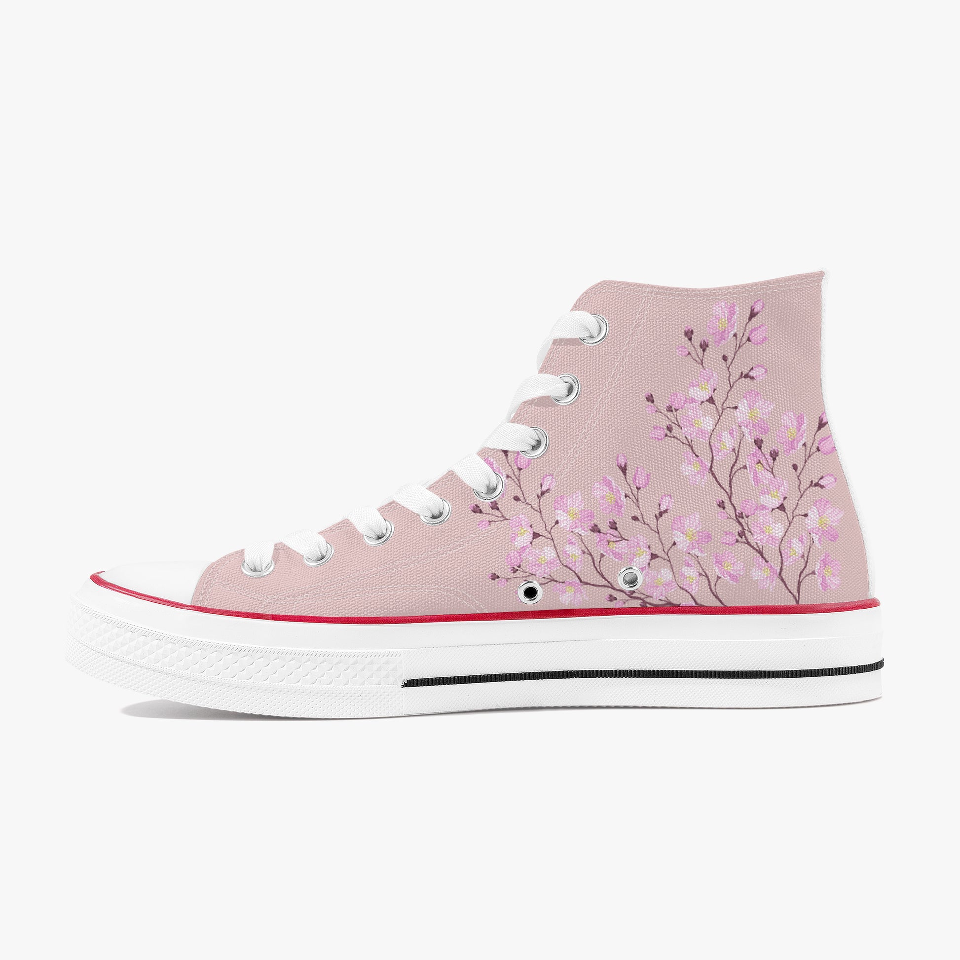 Pink high-top sneaker with floral design on a white background