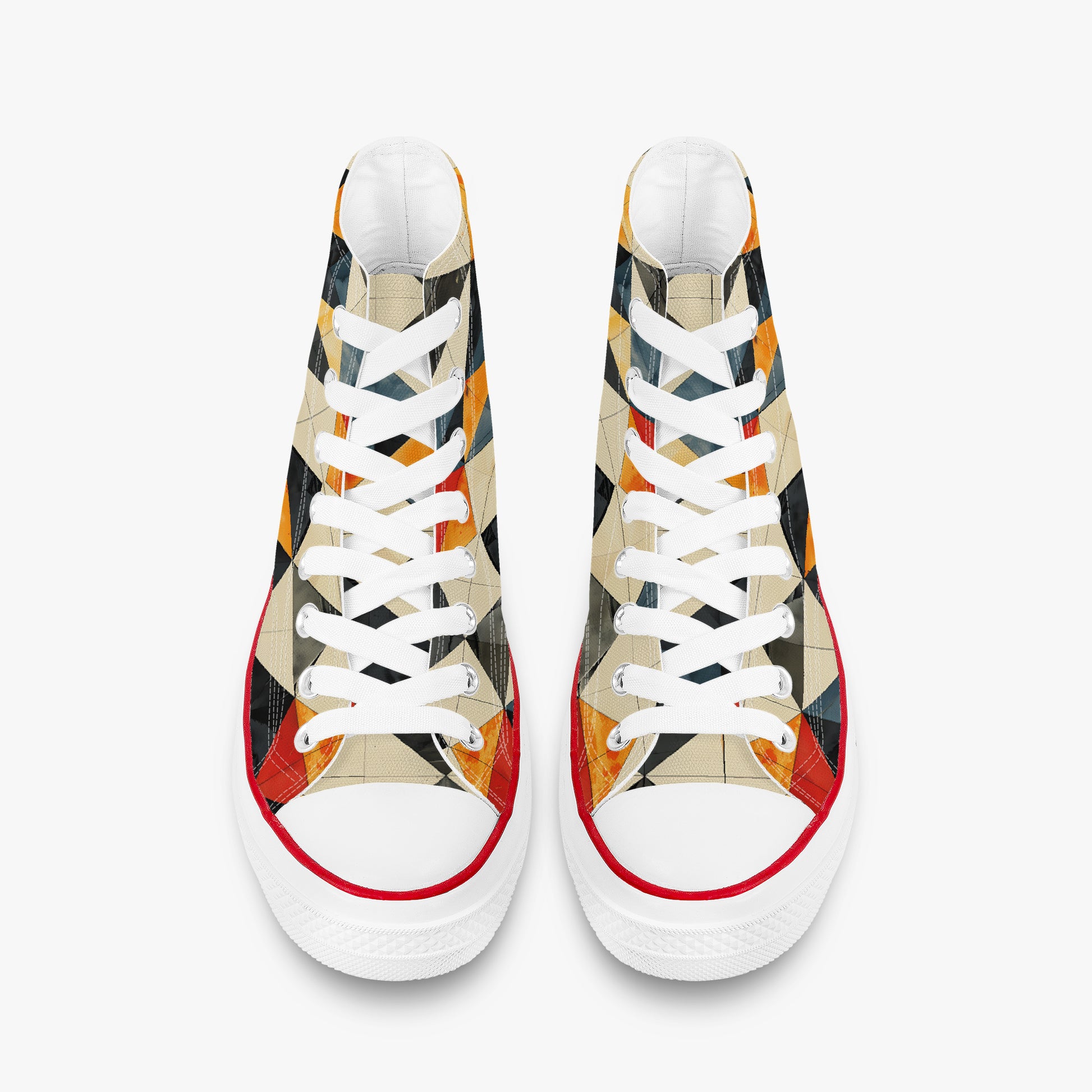 Colorful geometric-patterned sneakers on a white background