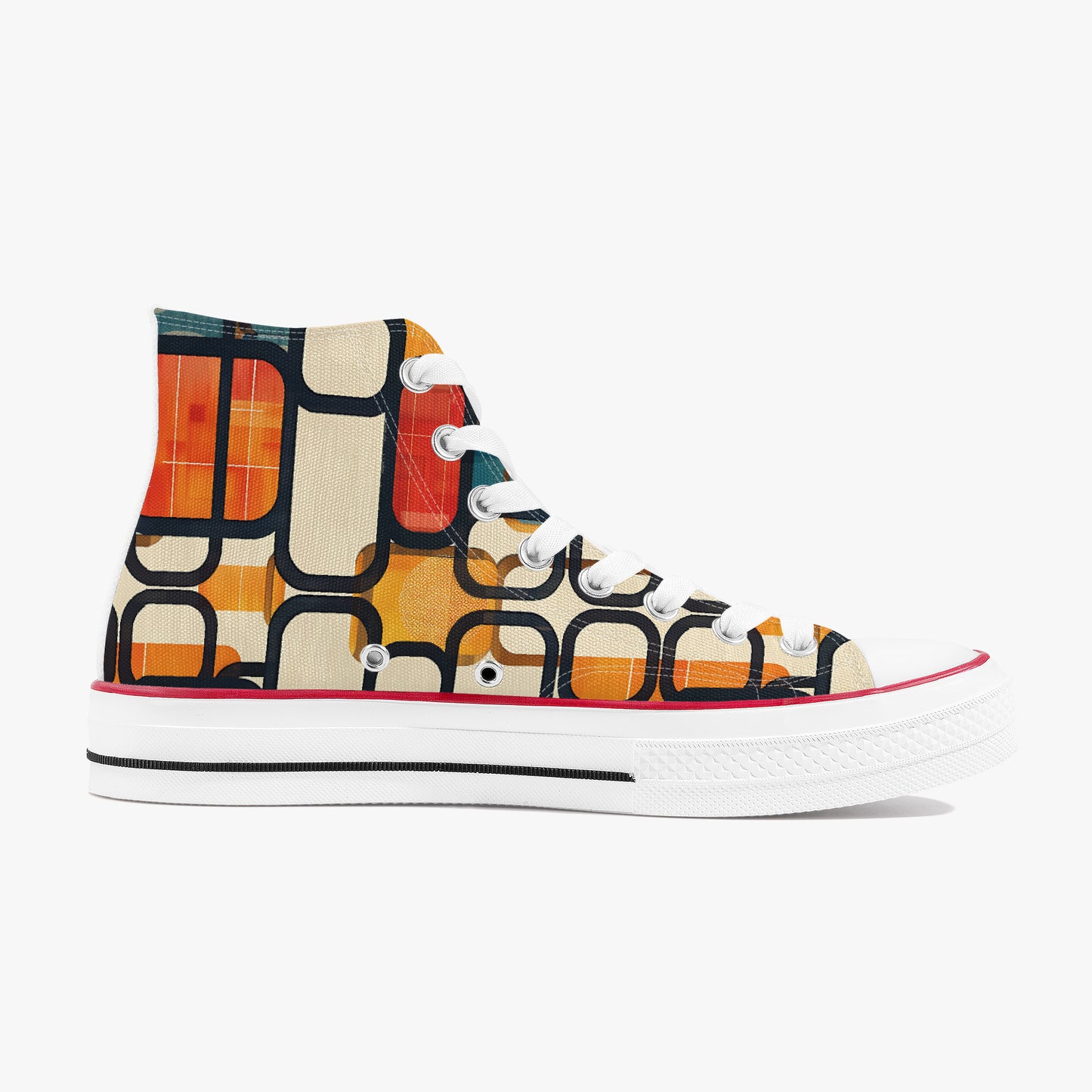 Colorful high-top sneaker with abstract pattern on a white background