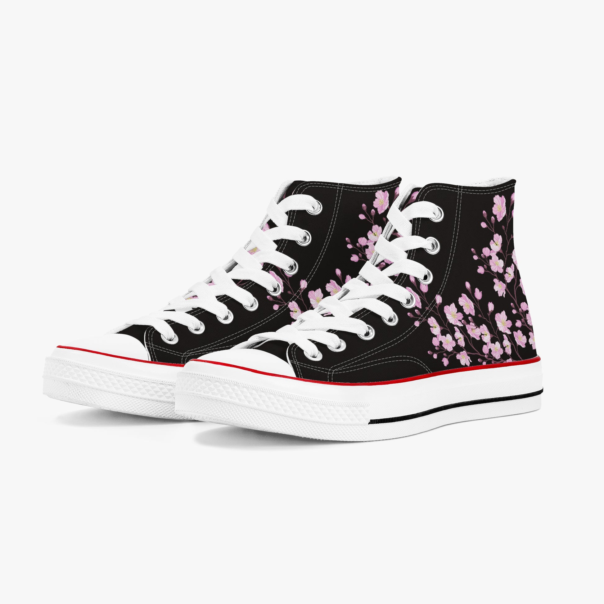 Black high-top sneakers with pink floral pattern on a white background