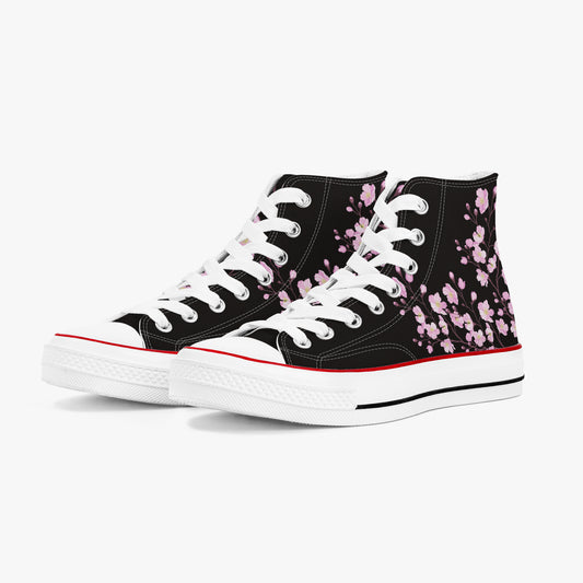 Black high-top sneakers with pink floral pattern on a white background