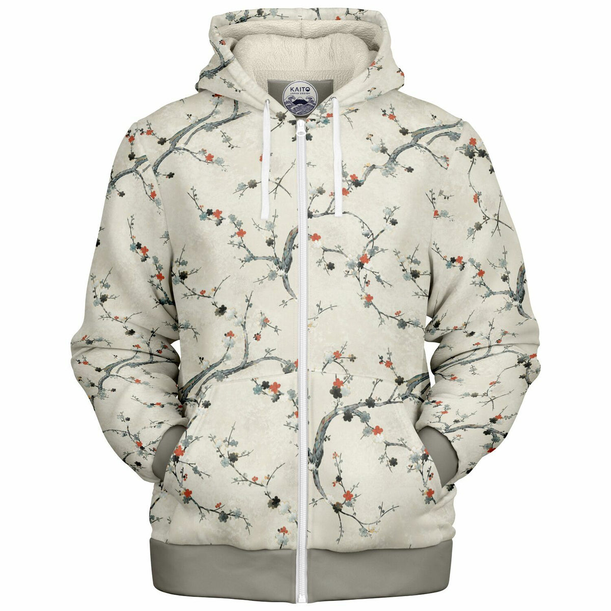 A zip-up hoodie with a white and gray base, featuring an all-over cherry blossom branch pattern with small red and orange flowers. The hoodie has a white zipper, white drawstrings, and a gray ribbed hem and cuffs, shown against a plain white background.