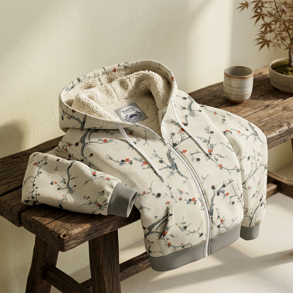 KAITO Japan Design winter zip-up hoodie featuring a plush cream sherpa lining, mineral-grey ribbed trim, and a textured off-white exterior printed with a delicate winter sakura cherry blossom pattern.