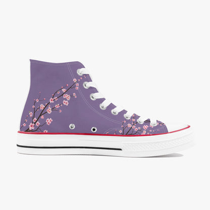 Purple high-top sneaker with floral design on a white background