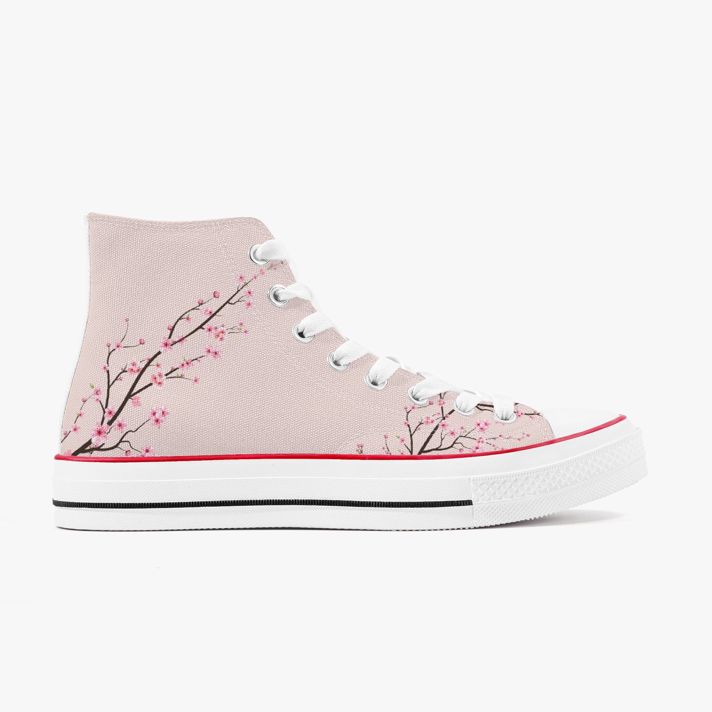 Pink high-top sneaker with cherry blossom design on a white background