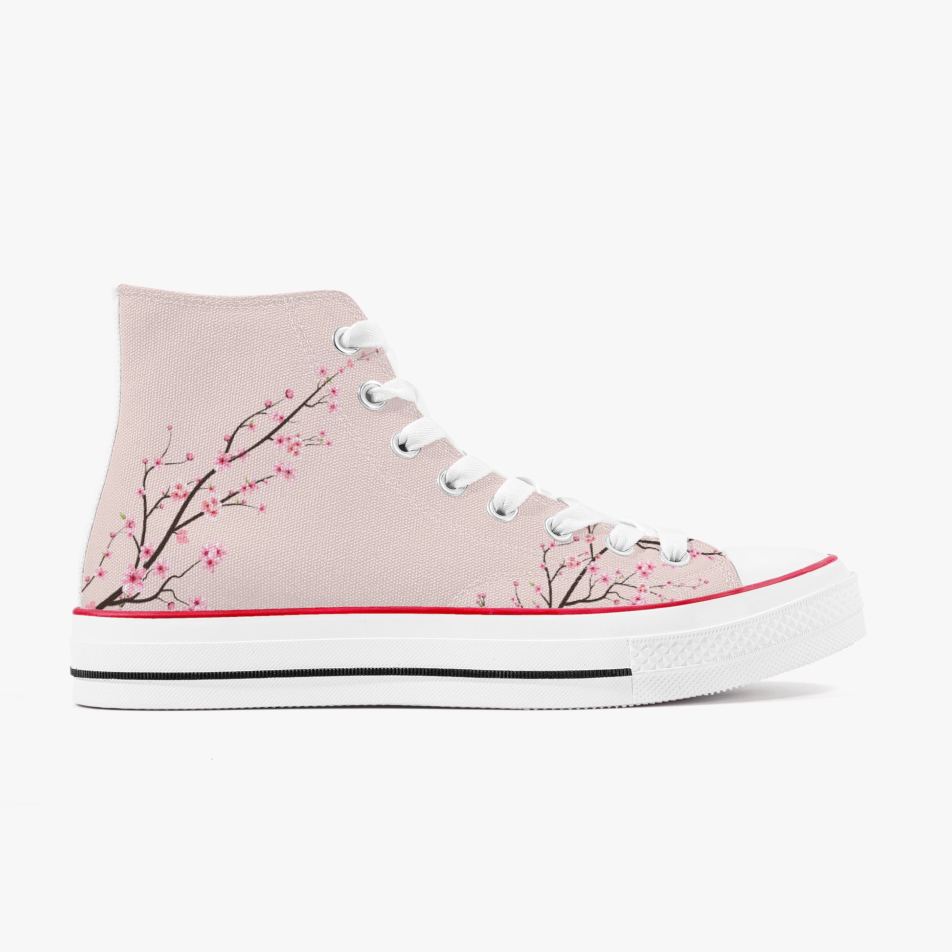 Pink high-top sneaker with cherry blossom design on a white background