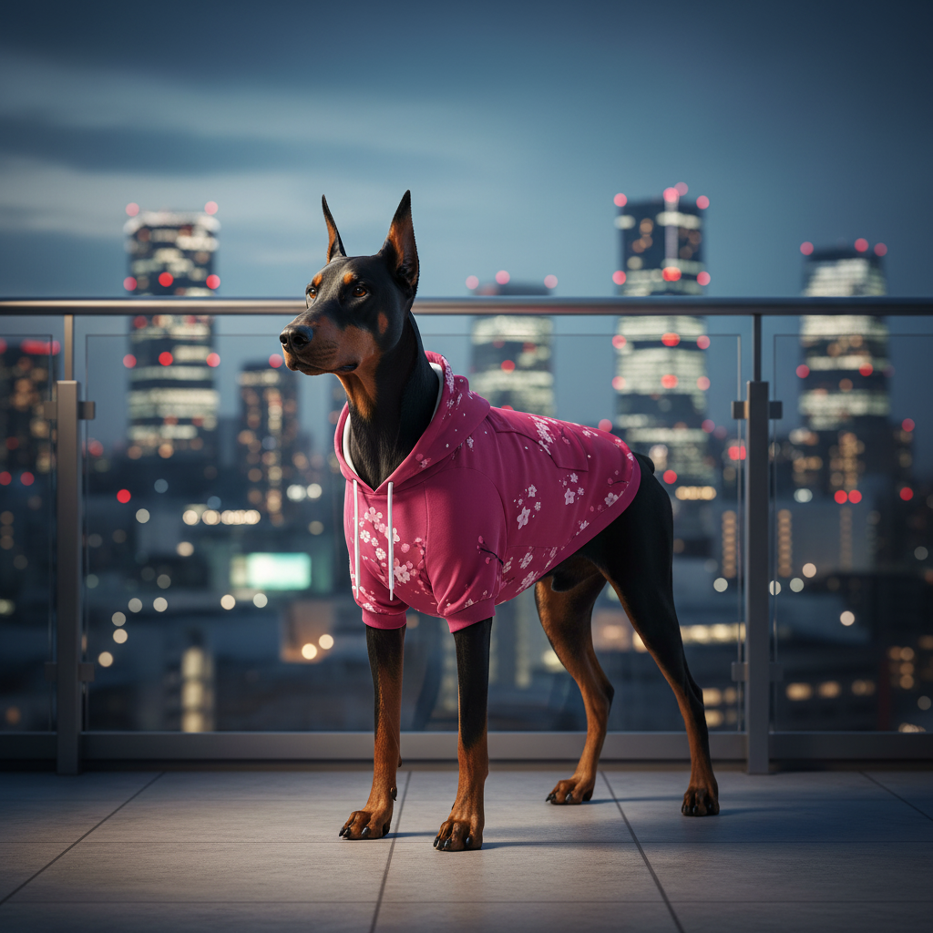 Dog wearing a pink coat with a city skyline in the background