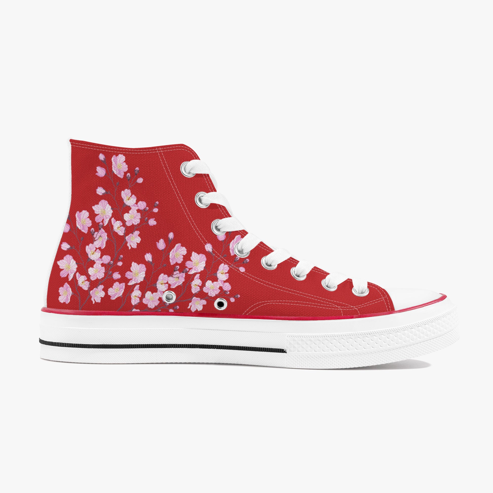 Red high-top sneaker with pink floral pattern on a white background