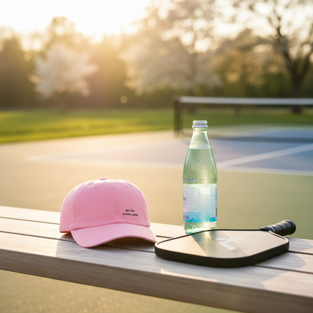 Pink cap, bottle of water, and paddle on a table with a park background