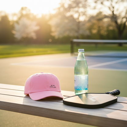 Pink cap, bottle of water, and paddle on a table with a park background
