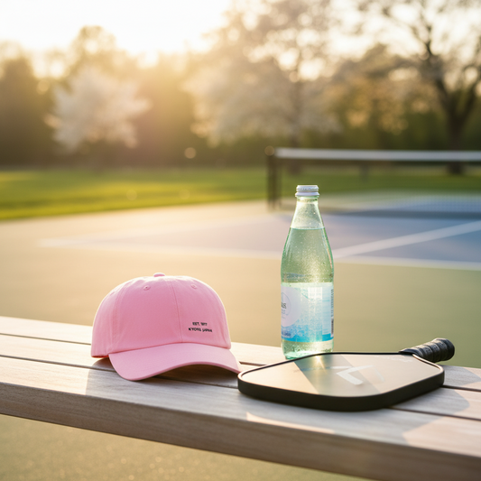 Pink cap, bottle of water, and paddle on a table with a park background