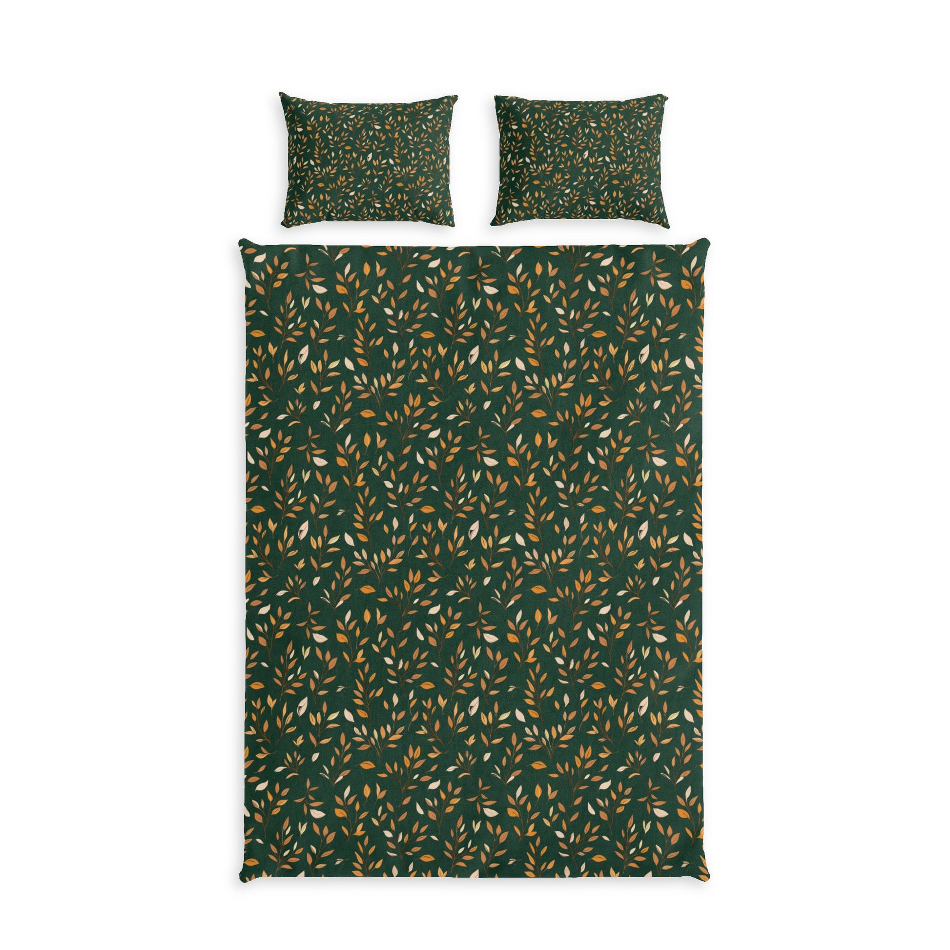 A bedding set featuring a dark green duvet cover and two matching pillowcases, all with a dense pattern of small leaves in mustard yellow and cream, displayed on a solid white background.