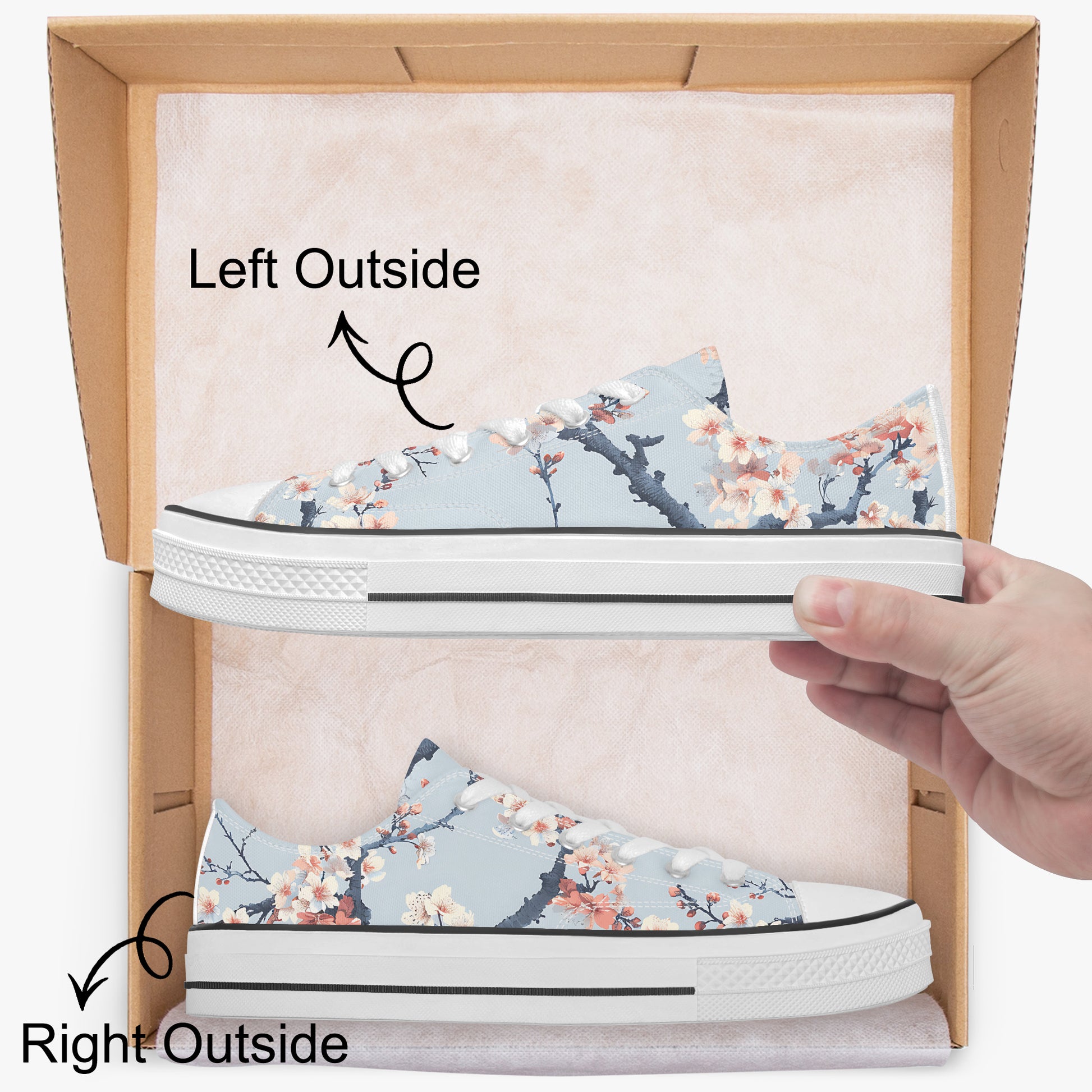 Floral-patterned sneakers being held above an open box with 'Left Outside' and 'Right Outside' labels.