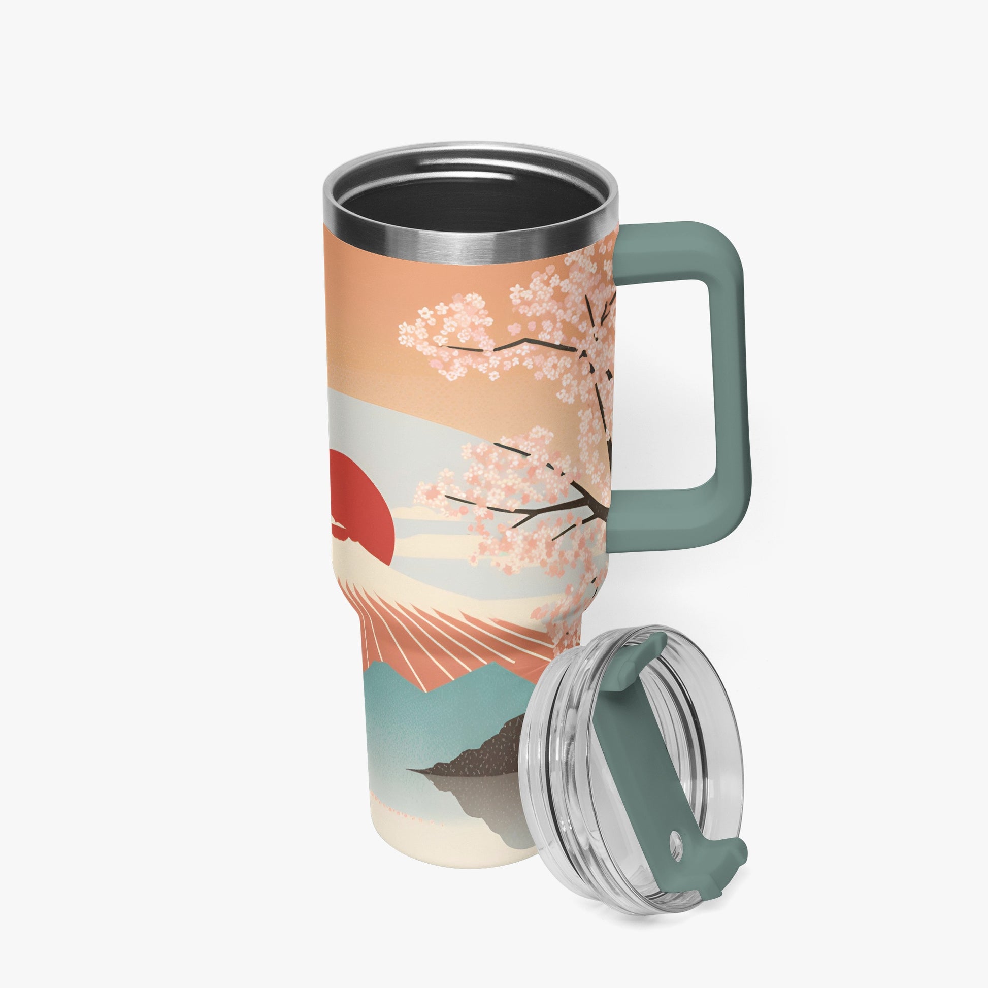 Sunrise Temple Car Tumbler Cup green/grey Handle