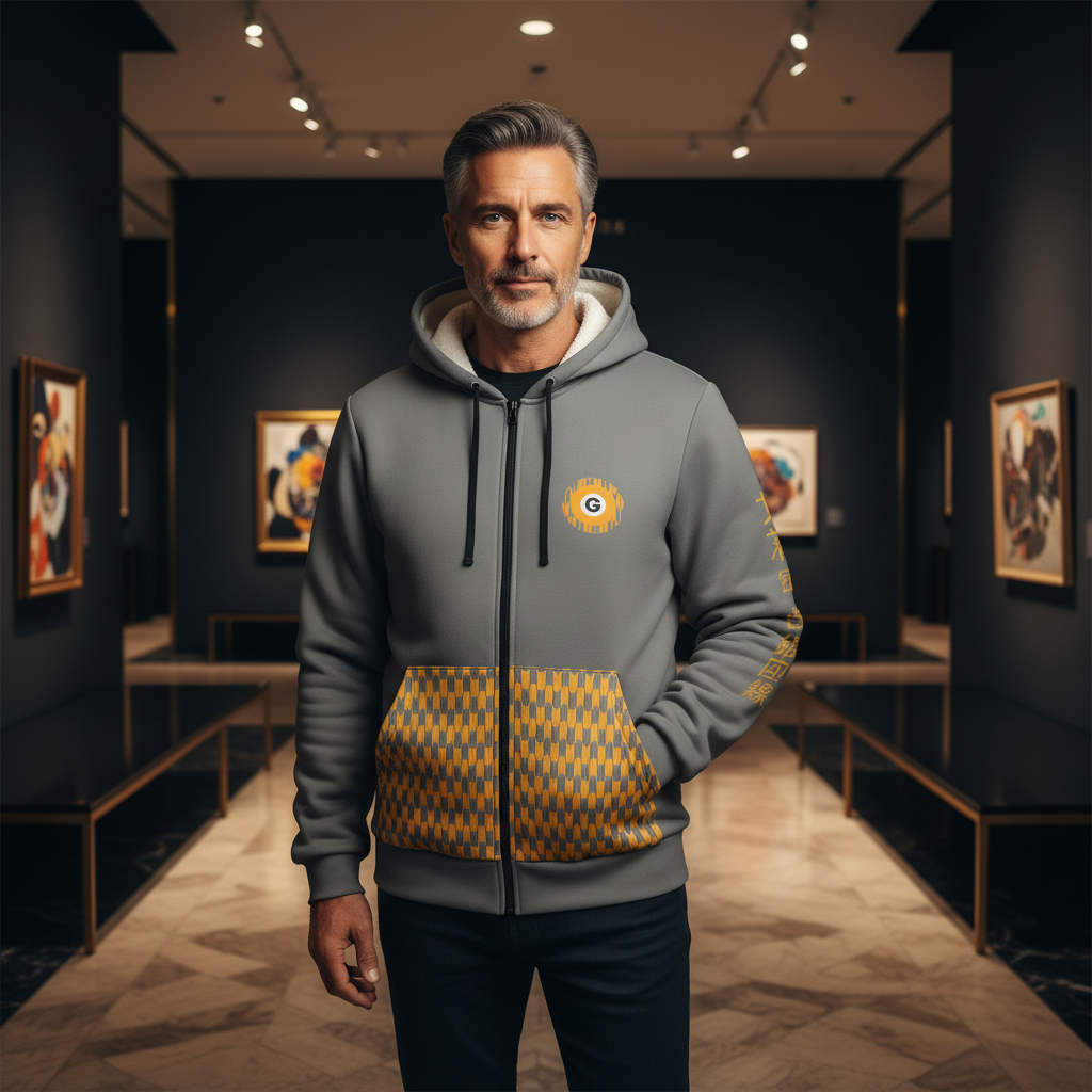Man wearing a gray hoodie with a yellow pattern in an art gallery.
