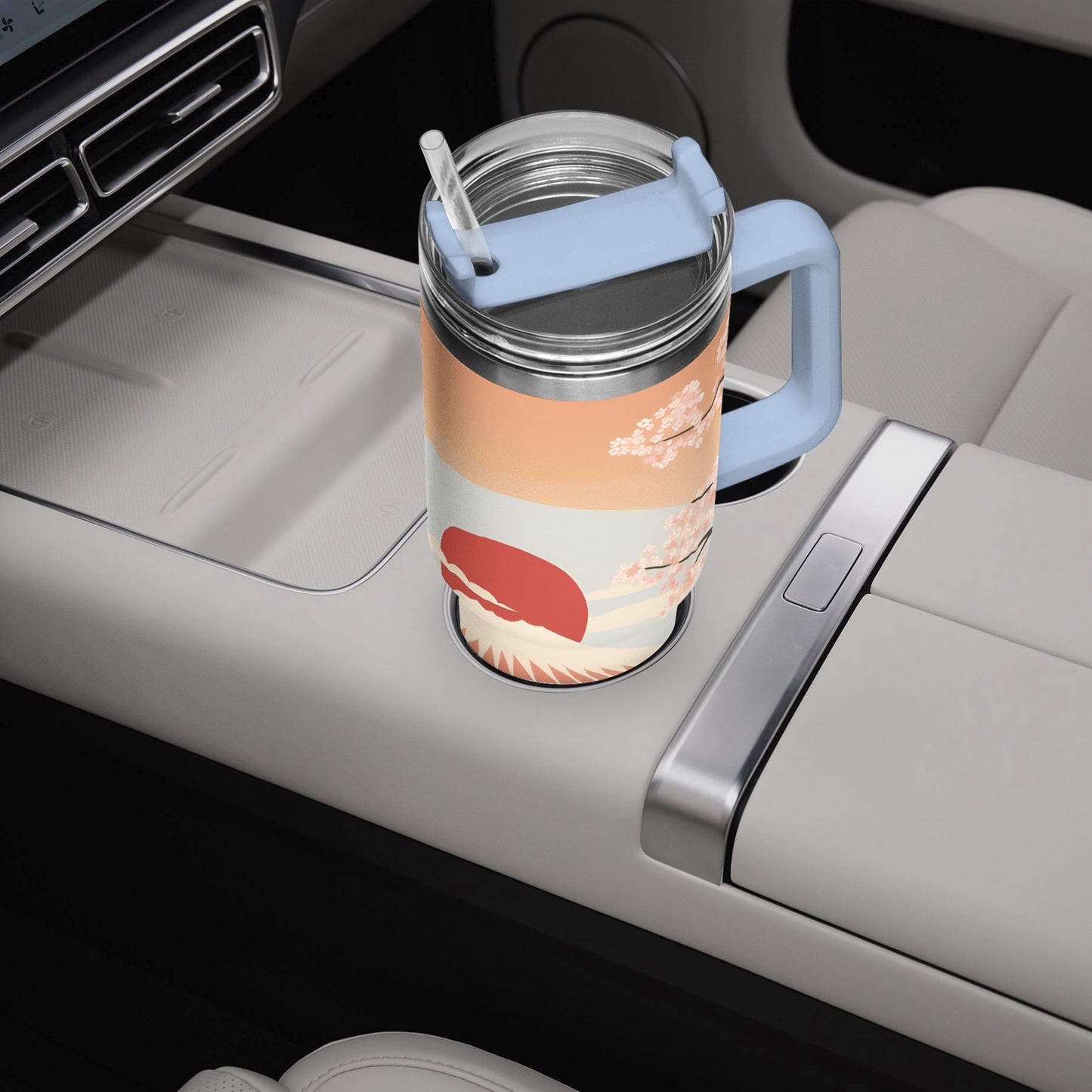 Sunrise Temple Car Tumbler Cup light blue Handle