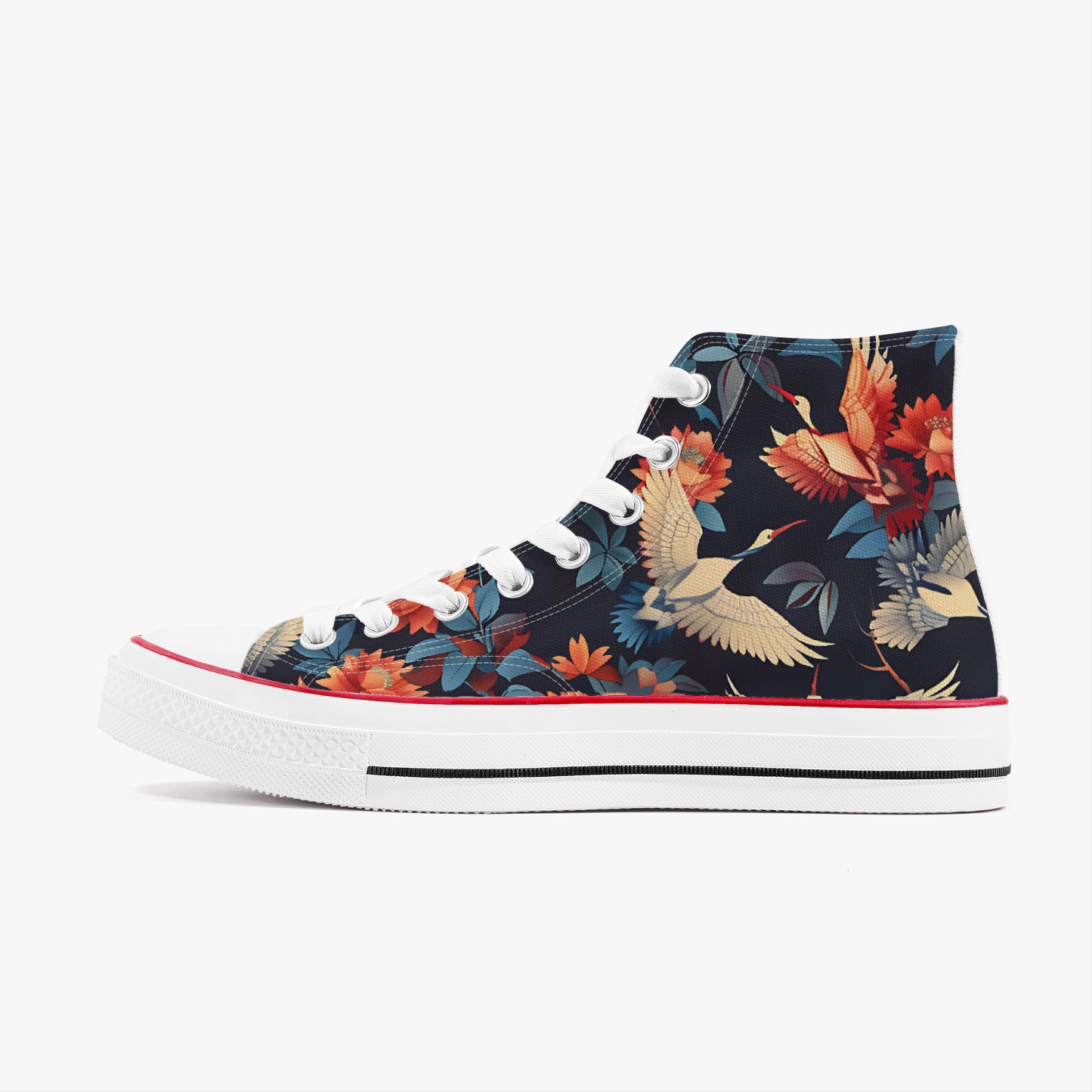 High-top sneaker with floral and bird pattern on a white background