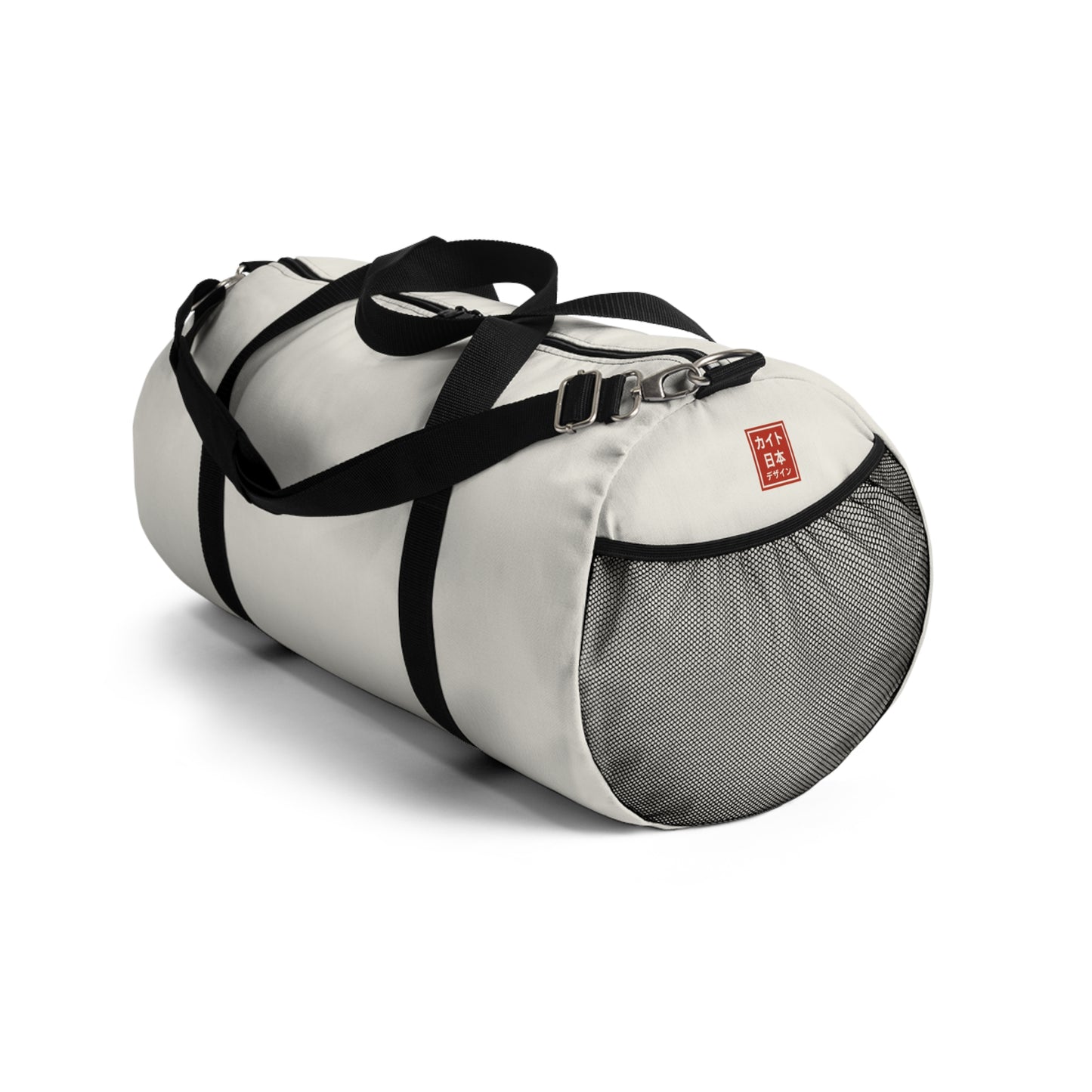 White duffel bag with black patterns on a white background