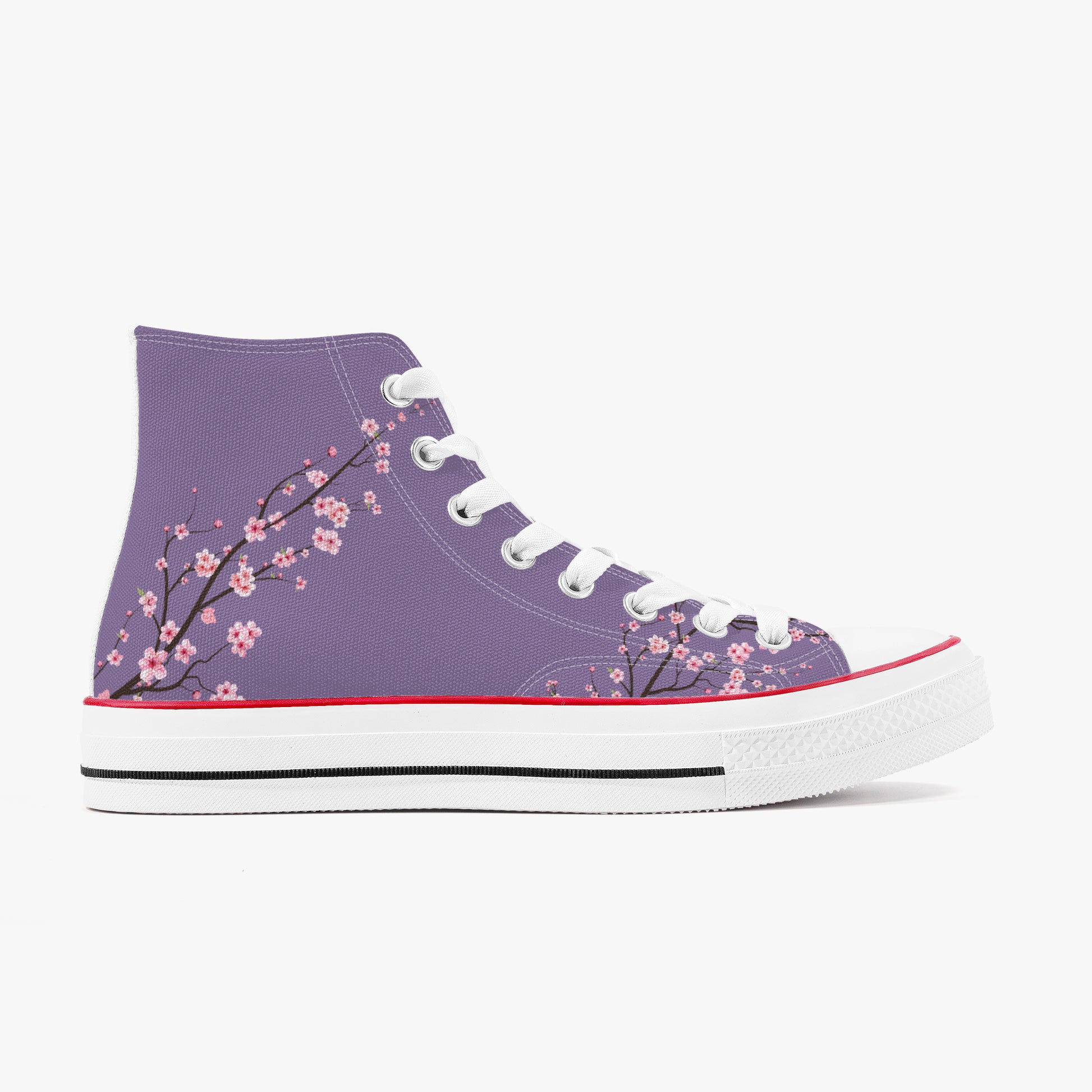 Purple high-top sneaker with floral design on a white background
