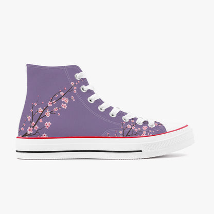 Purple high-top sneaker with floral design on a white background
