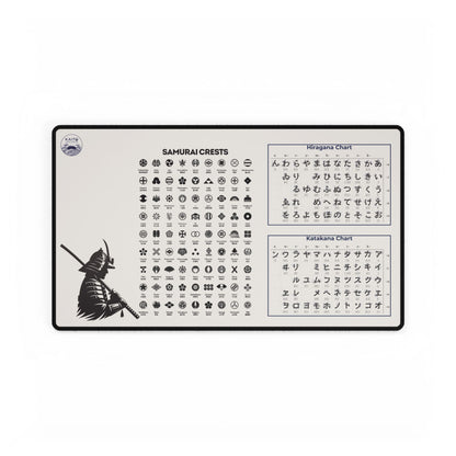 Educational mat with Samurai crests and charts on a white background