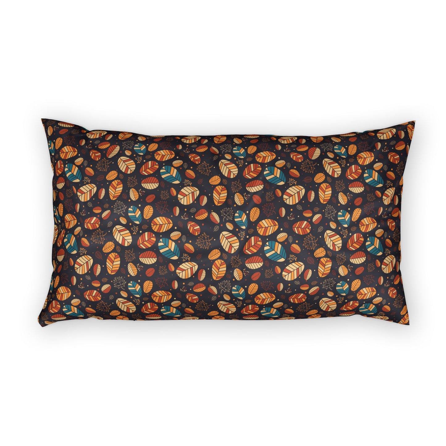 A rectangular lumbar pillow with a dark background and an all-over autumn leaf pattern in orange, brown, teal, and cream, shown against a plain white background.