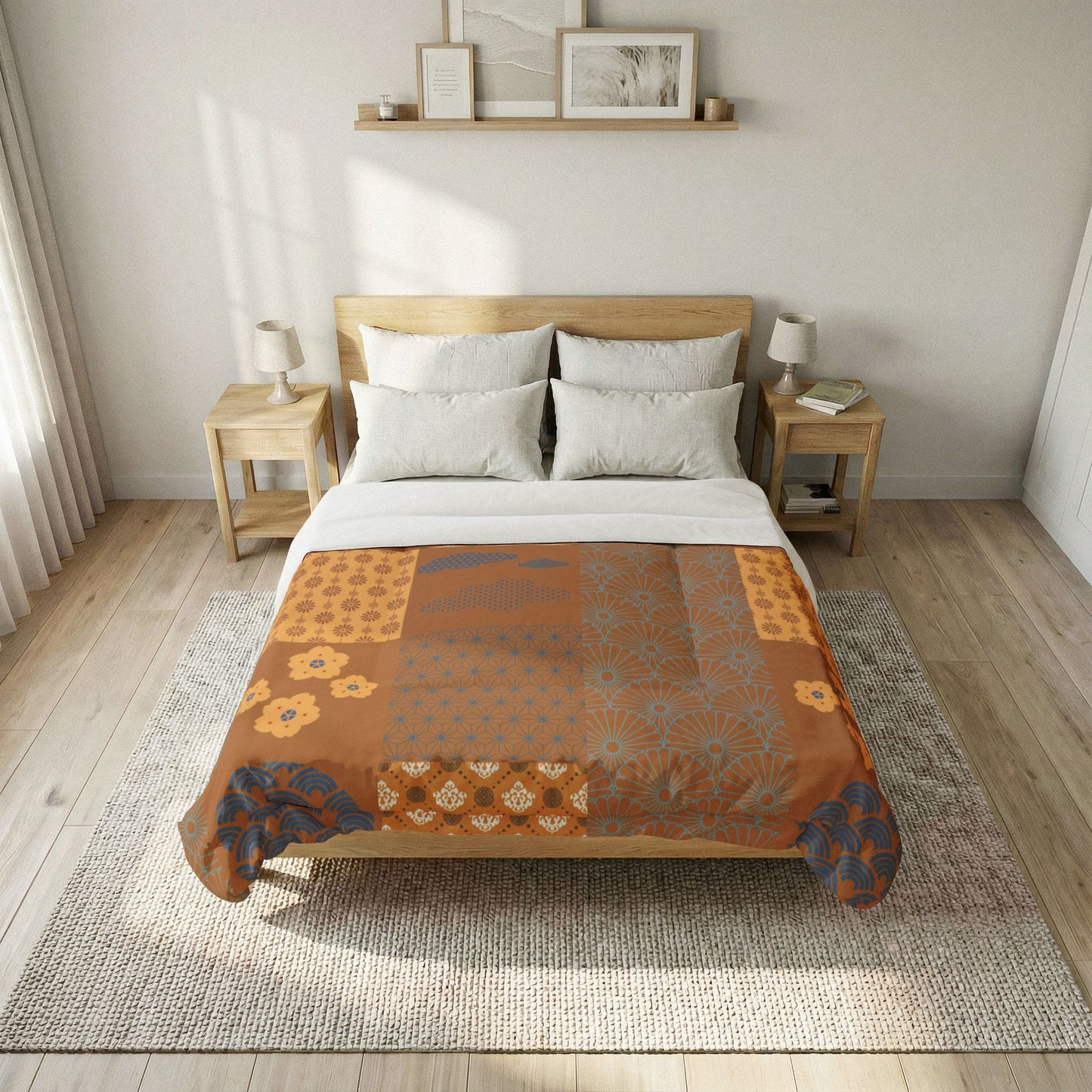 Bed with a patterned quilt in a bedroom setting. Heritage Cotton
