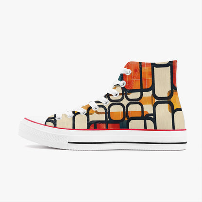 Colorful high-top sneaker with geometric pattern on a white background