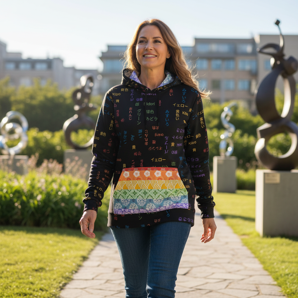 Woman wearing a colorful hoodie with a rainbow design, standing outdoors in a park.