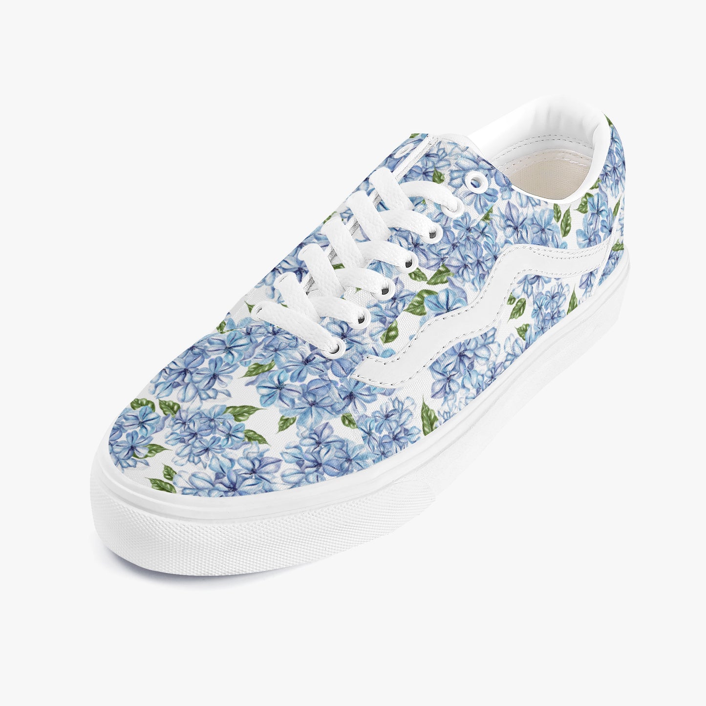 Sneaker with blue floral pattern on a white background