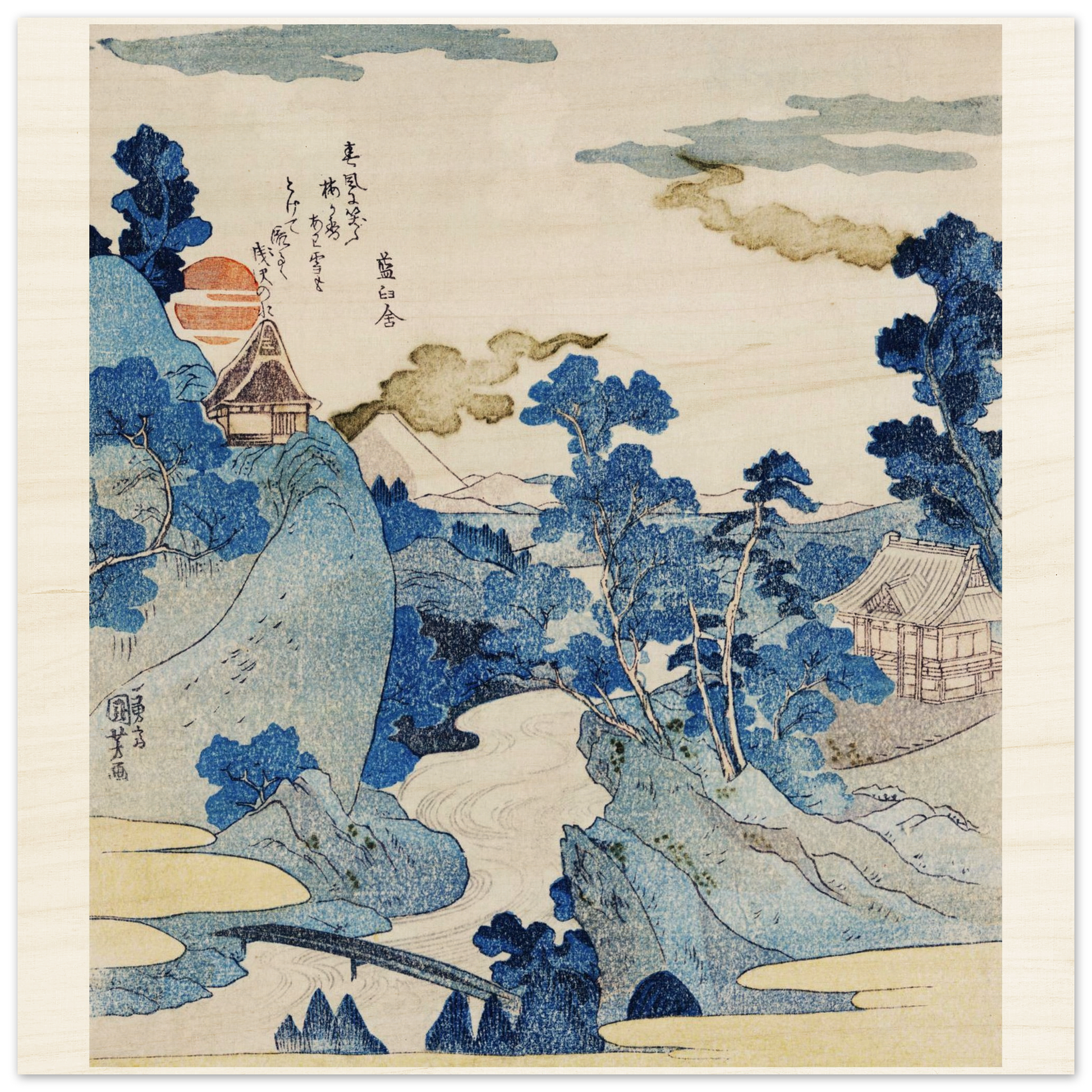 Traditional Japanese landscape print with mountains, trees, and a house.