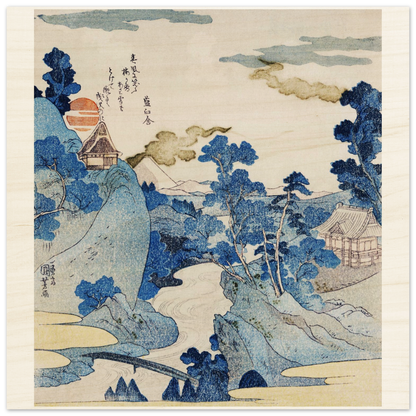 Traditional Japanese landscape print with mountains, trees, and a house.