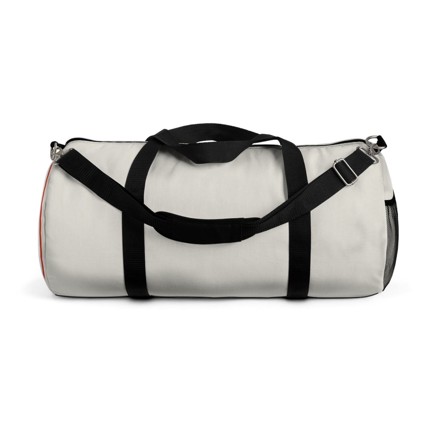 White duffel bag with black straps on a white background