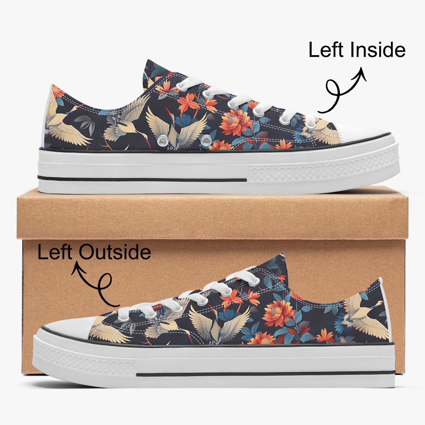 Floral patterned sneakers on a cardboard box with directional labels.