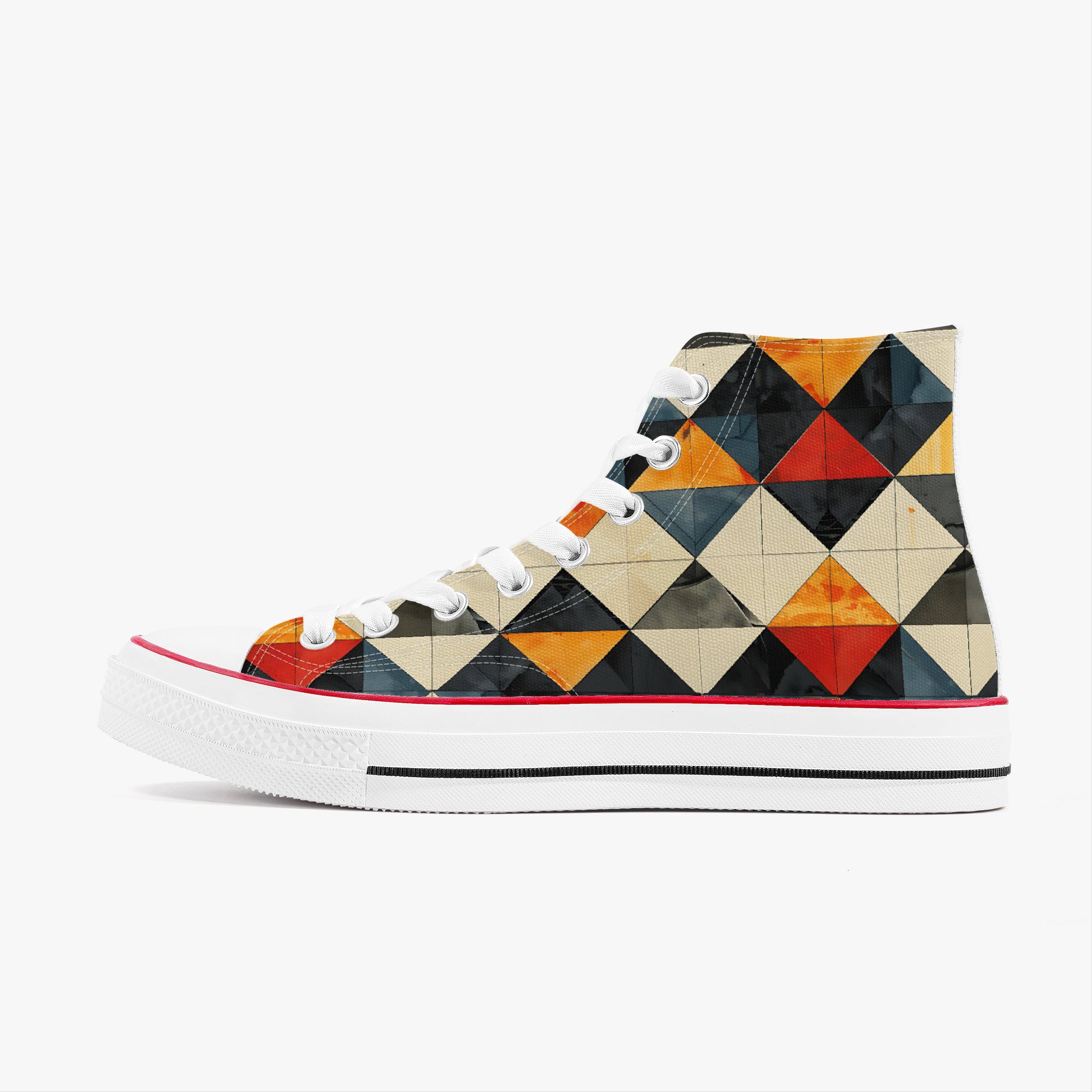 High-top sneaker with geometric pattern on a white background